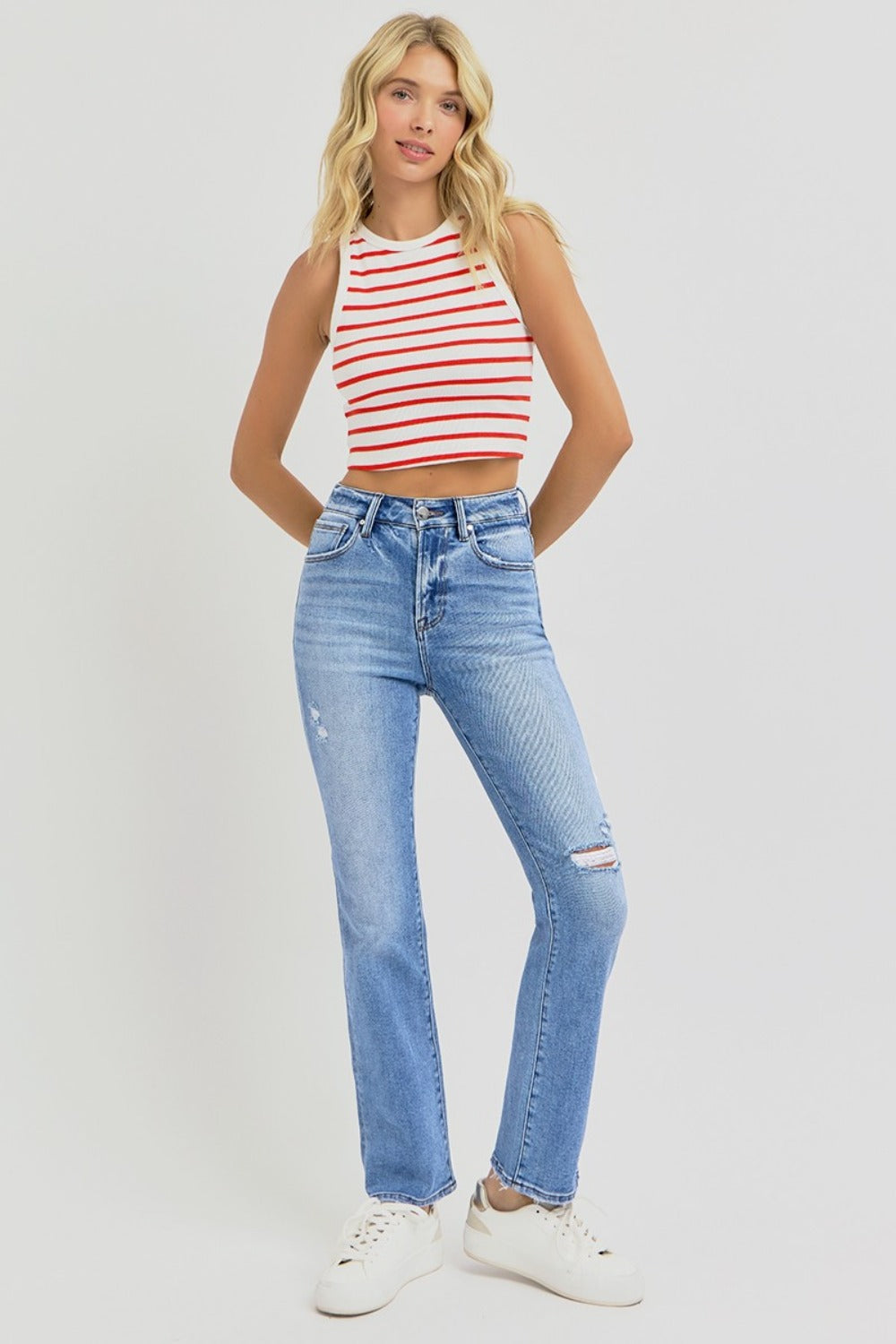RISEN Women's Distressed High-Rise Ankle Straight Jeans - Chic Vintage Style with Comfort