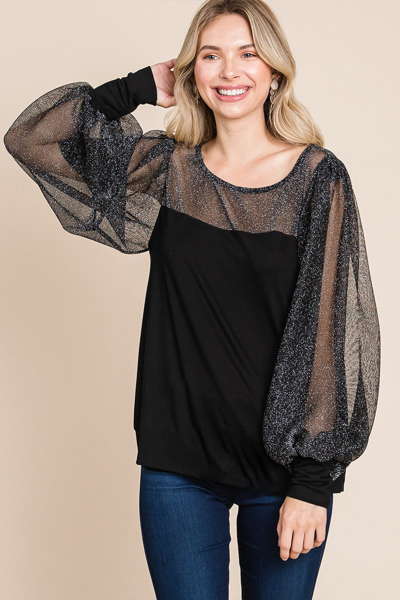 Super Lady Metallic Mesh Lantern Sleeve Blouse - Elegant Full Size Fit for Every Occasion
