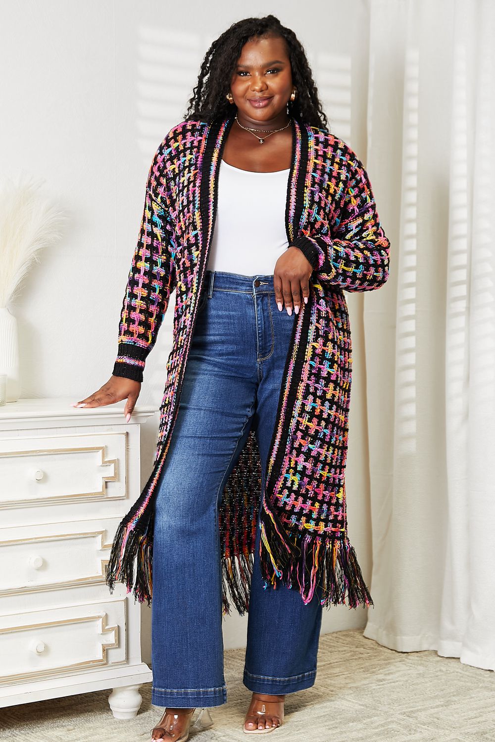 Full Size Colorful Fringe Hem Cardigan - Boho Chic Layering Piece