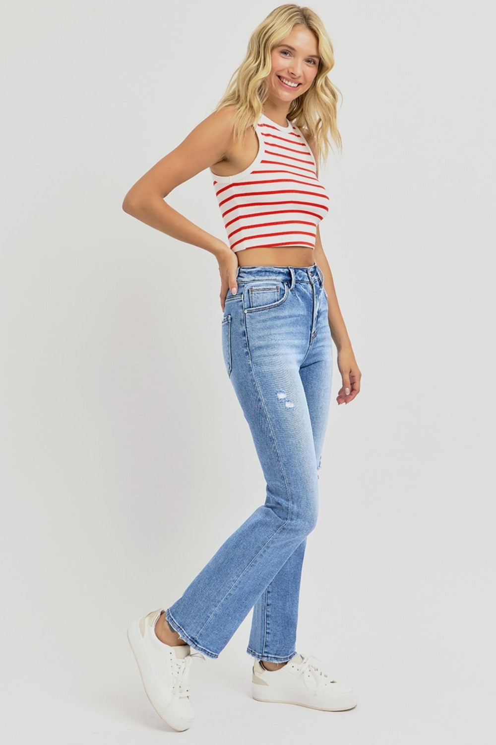 RISEN Women's Distressed High-Rise Ankle Straight Jeans - Chic Vintage Style with Comfort