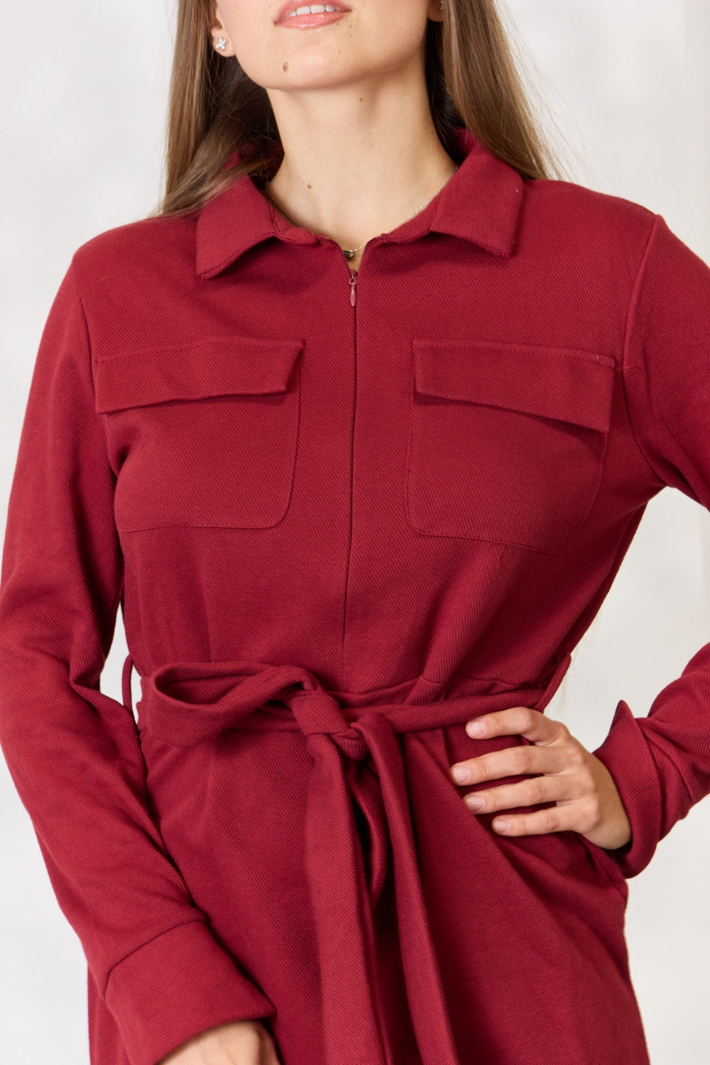 Culture Code Full Size Tie Front Half Zip Long Sleeve Shirt Dress for Effortless Style