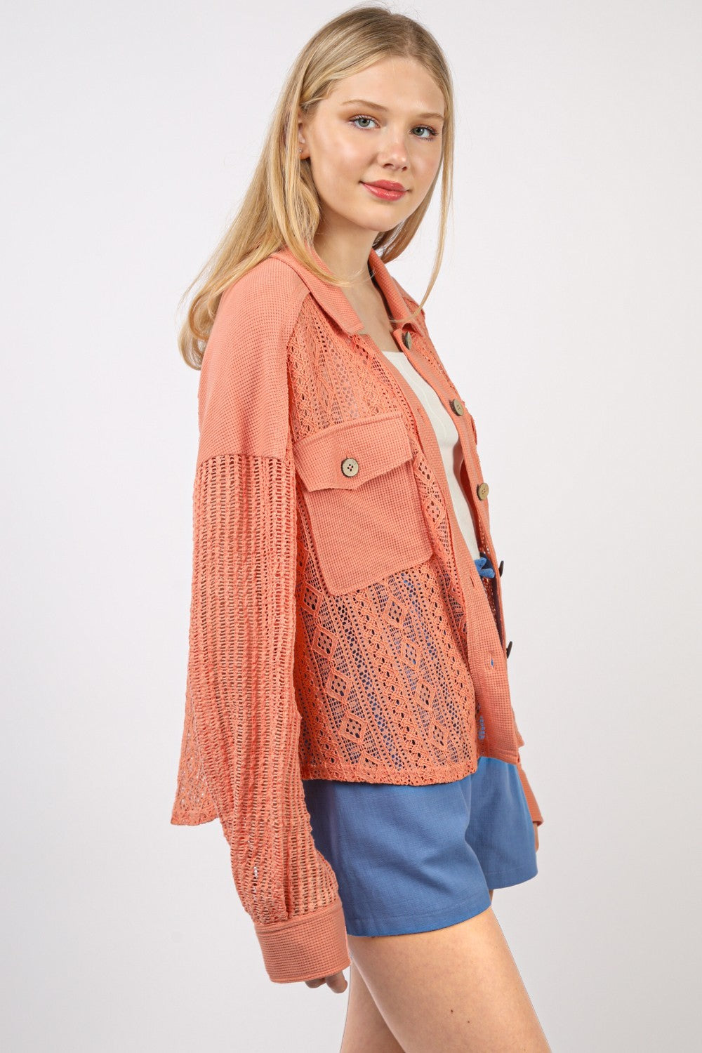 VERY J Women's Button-Up Long Sleeve Lace Shirt with Patch Pockets - Casual & Sophisticated