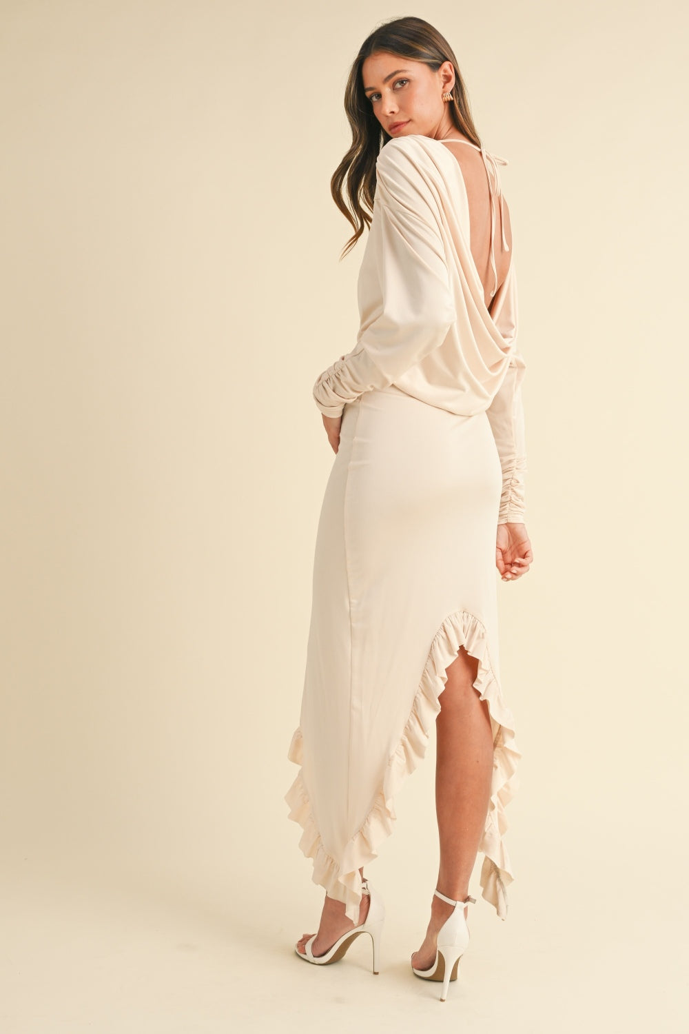 Mable Backless Asymmetric Ruffle Hem Maxi Dress - Sexy & Sophisticated Evening Wear