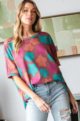 HOPELY Women's Floral Round Neck T-Shirt with Side Slits - Full Size