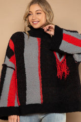 POL Turtleneck Color Block Fringe Detail Sweater - Cozy & Stylish Women's Pullover