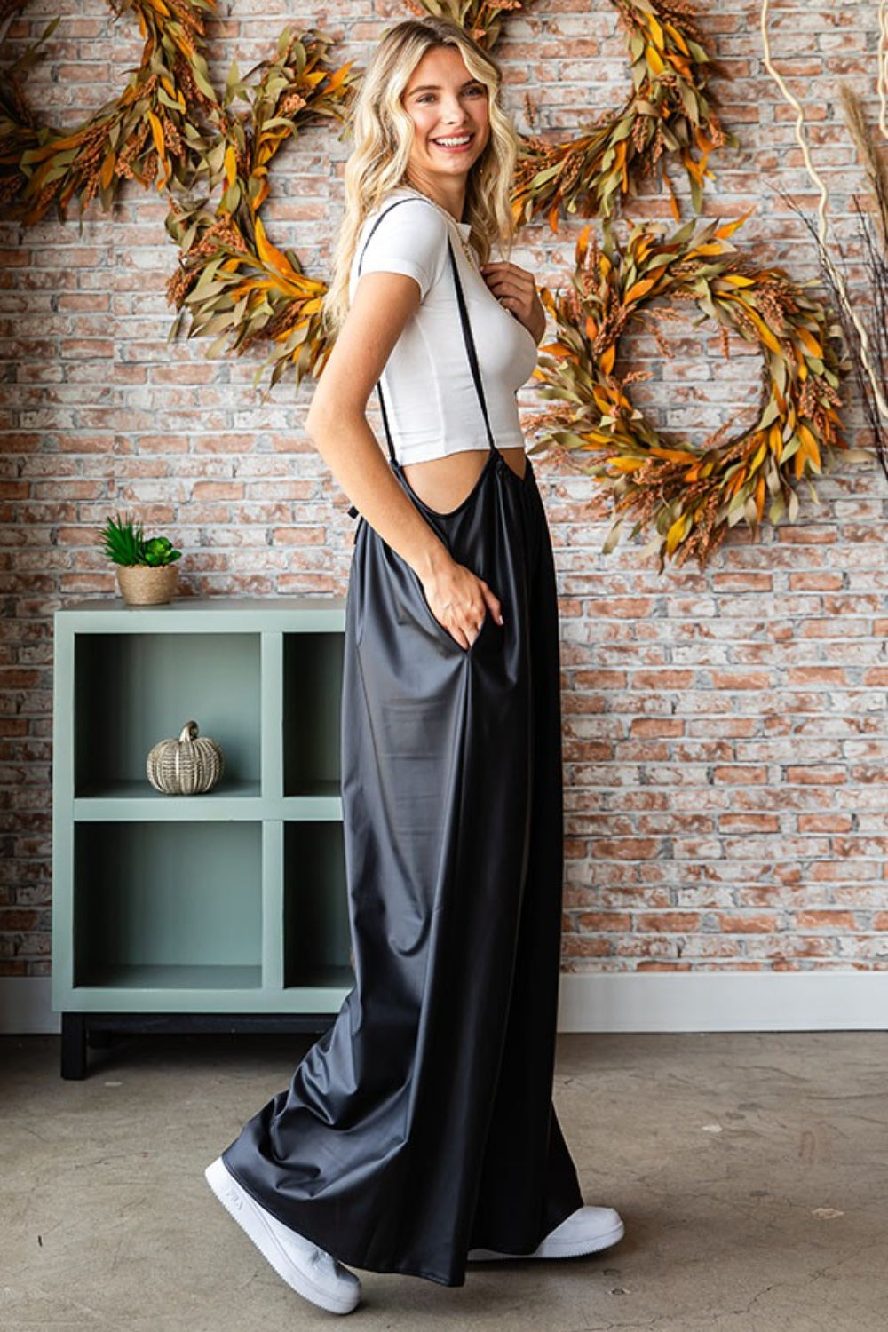 Trendy First Love Drawstring Back Spaghetti Strap Wide Leg Overalls