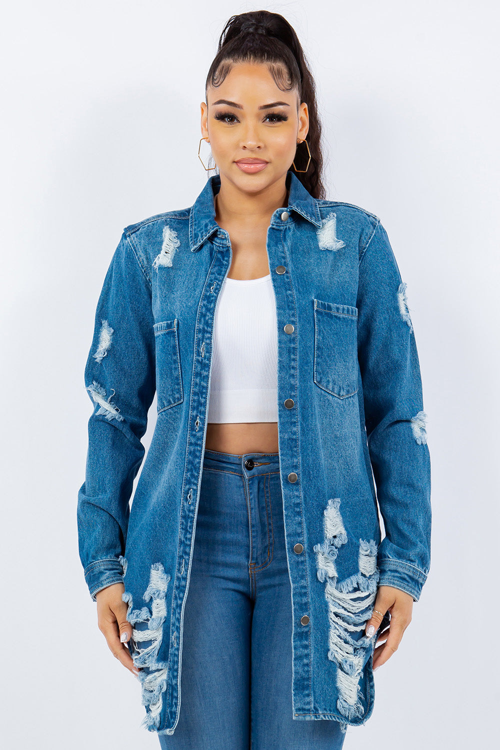 American Bazi Women's Distressed Long Sleeve Denim Jacket - Trendy Button-Up