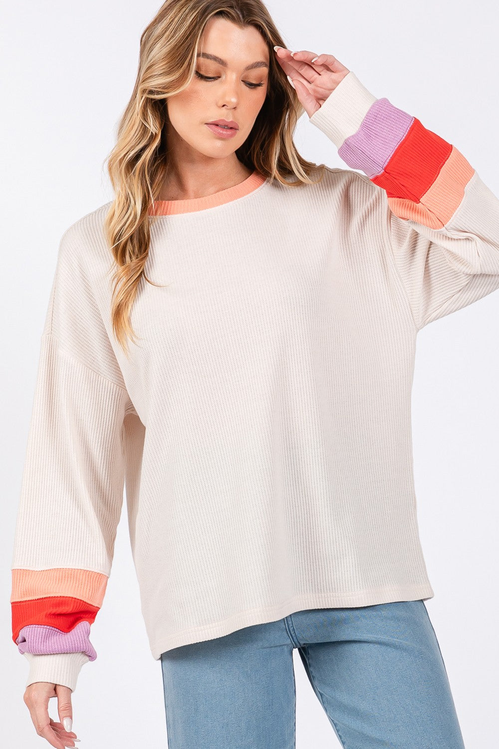 SAGE + FIG Women's Color Block Waffle Knit T-Shirt - Cozy & Stylish
