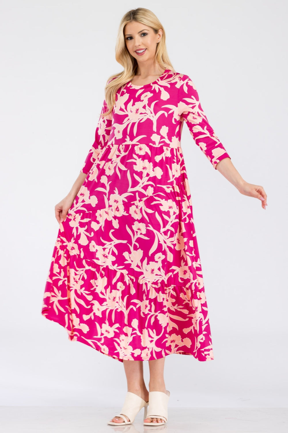 Celeste Full Size Floral Dress with Round Neck and Ruffle Hem – Elegant and Feminine