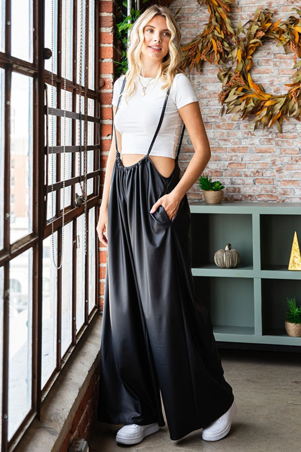 Trendy First Love Drawstring Back Spaghetti Strap Wide Leg Overalls
