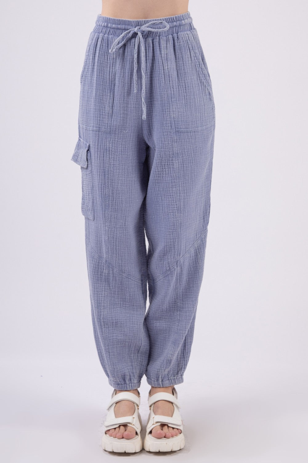 VERY J Women's Washed Crinkle Gauze Cargo Pants with Drawstring