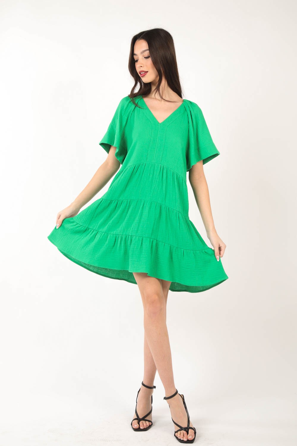VERY J Textured V-Neck Ruffled Tiered Cotton Dress - Elegant & Feminine