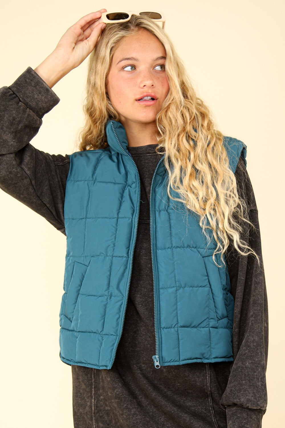 VERY J Women's Stylish Zip Up Puffer Vest - Warm & Padded with Side Pockets