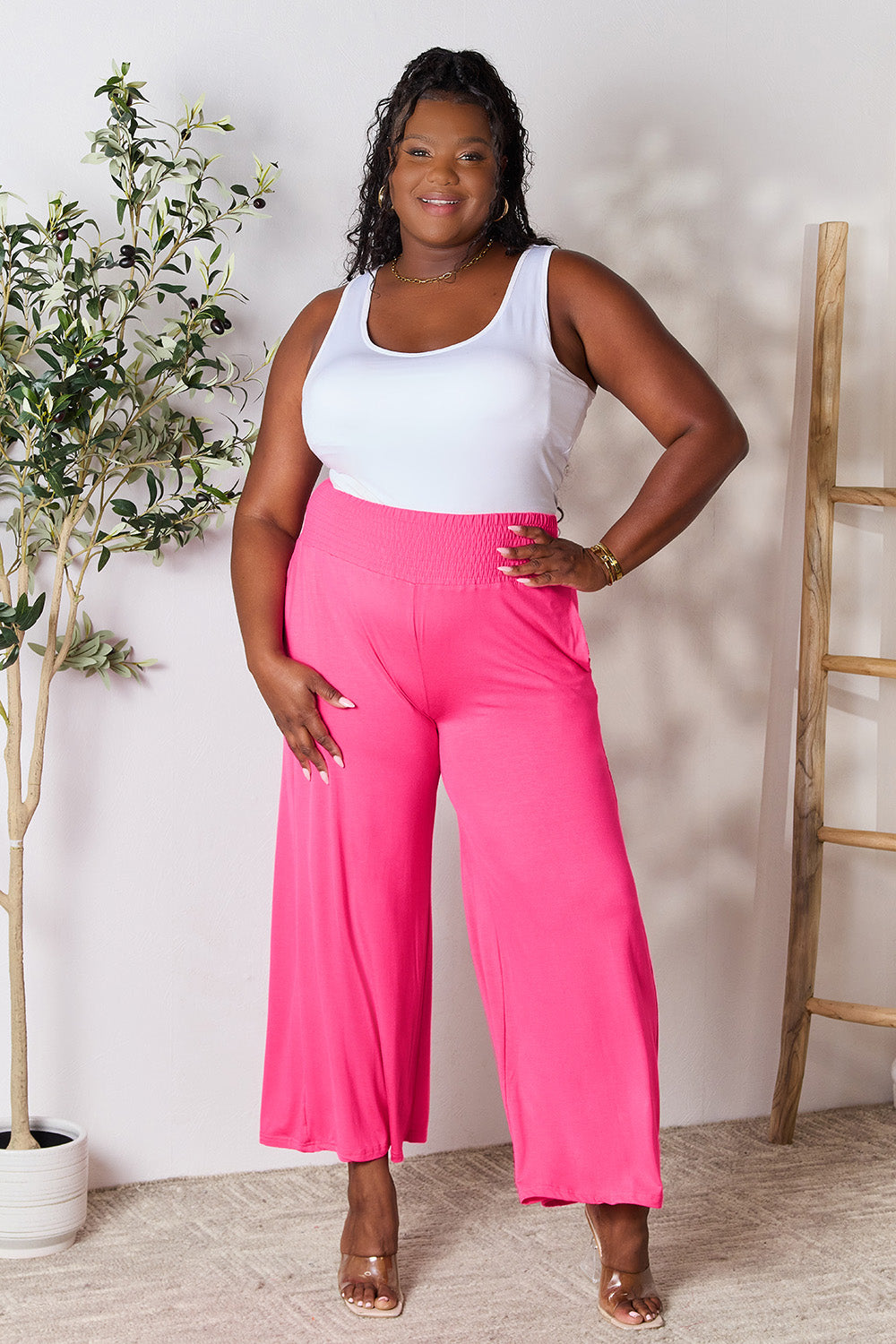 Women's Full Size Smocked High-Waist Wide Leg Pants - Trendy & Comfortable