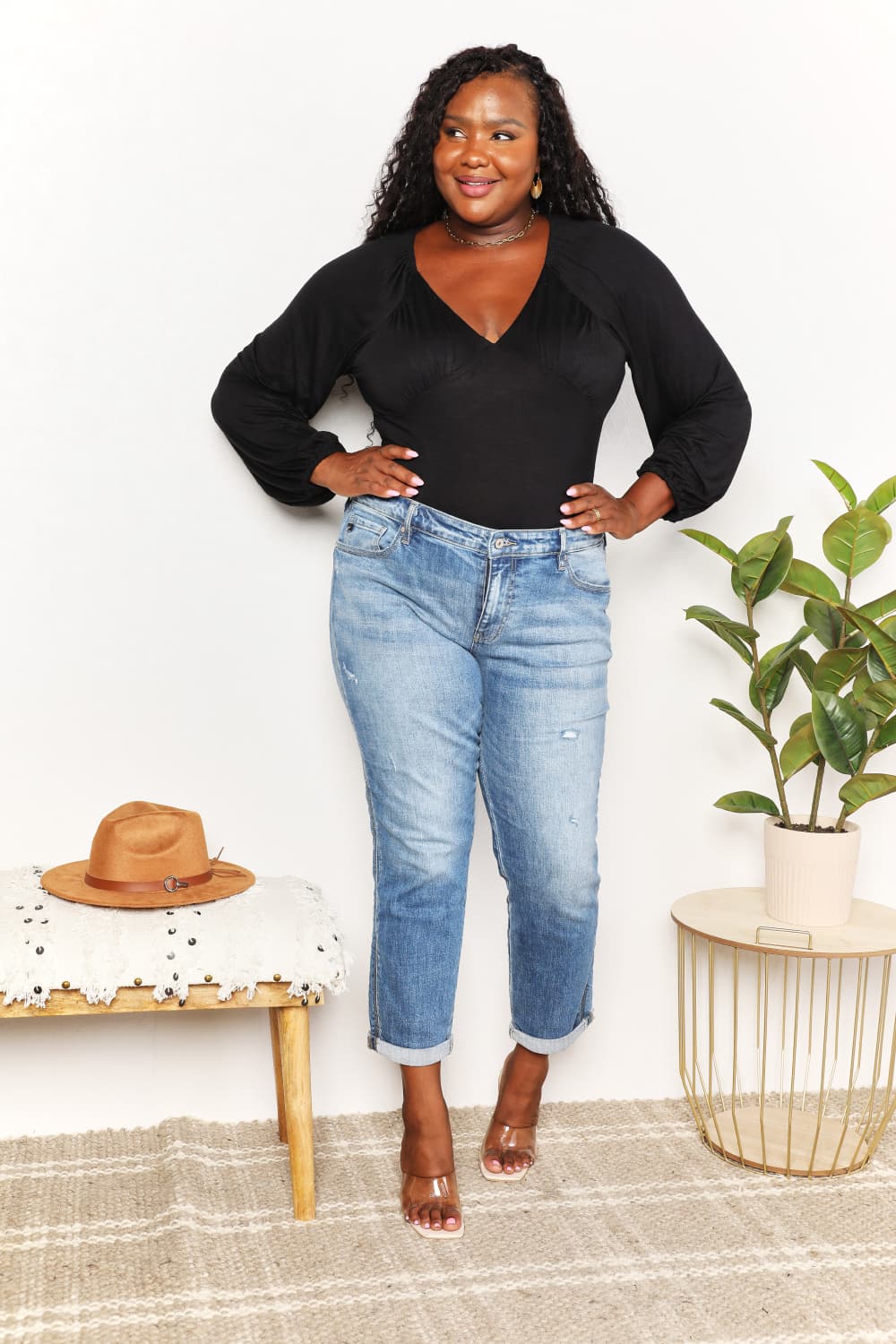 Culture Code Full Size V-Neck Bodysuit with Poet Sleeves - Modern & Elegant