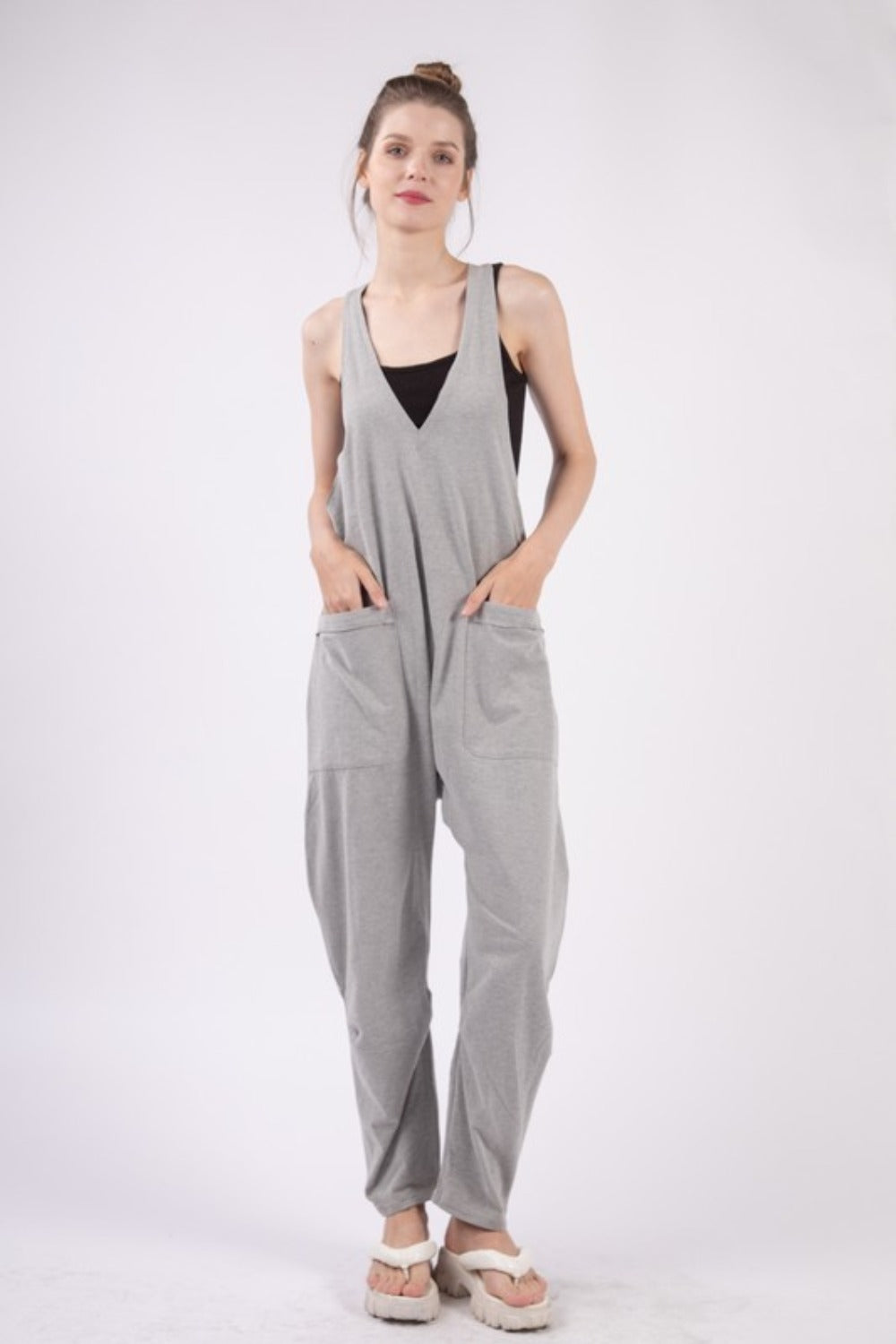 VERY J Women's Plunge Sleeveless Jumpsuit with Pockets - Trendy & Versatile