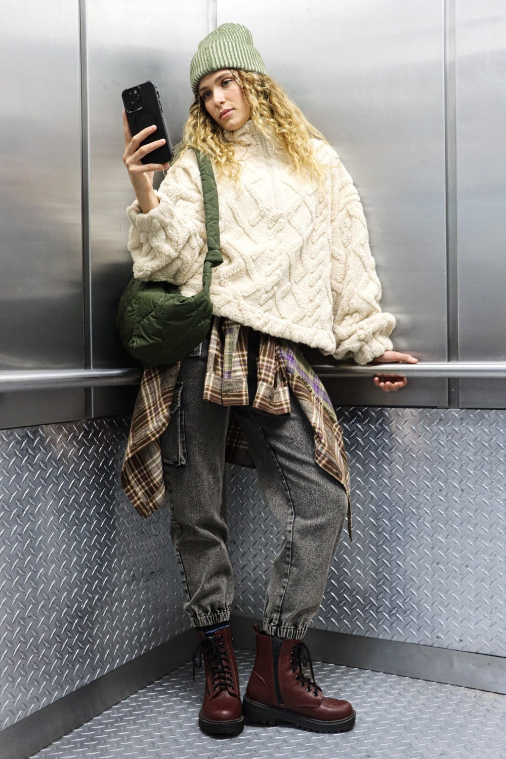 Cozy Fuzzy Fleece Half Zip Sweatshirt with Cable Pattern & Corduroy Patches by VERY J - Warm & Stylish Layering Essential
