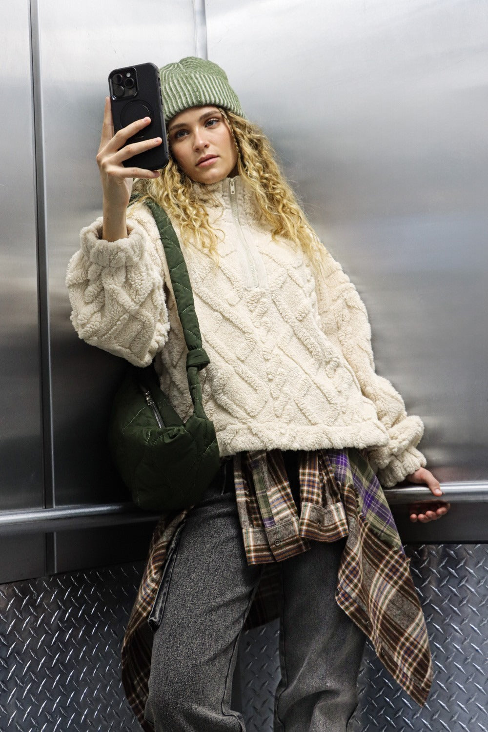 Cozy Fuzzy Fleece Half Zip Sweatshirt with Cable Pattern & Corduroy Patches by VERY J - Warm & Stylish Layering Essential