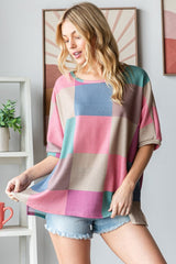 HOPELY Women's Full Size Checkered Round Neck T-Shirt with Side Slit