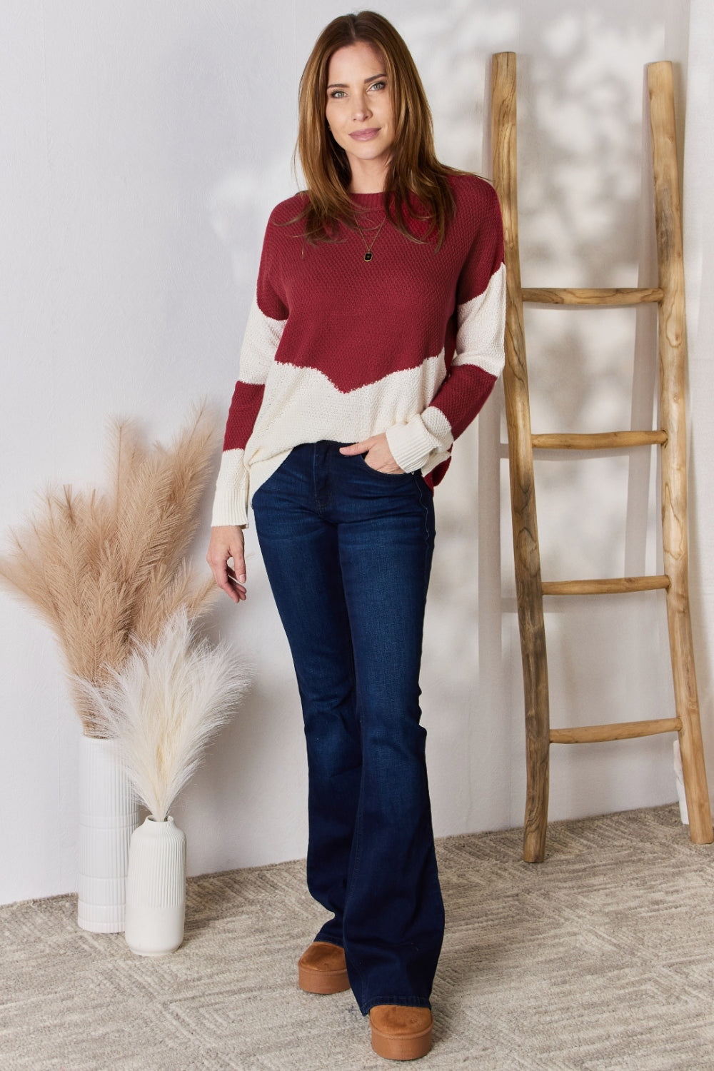 Hailey & Co Full Size Color Block Dropped Shoulder Knit Top - Stylish & Comfortable