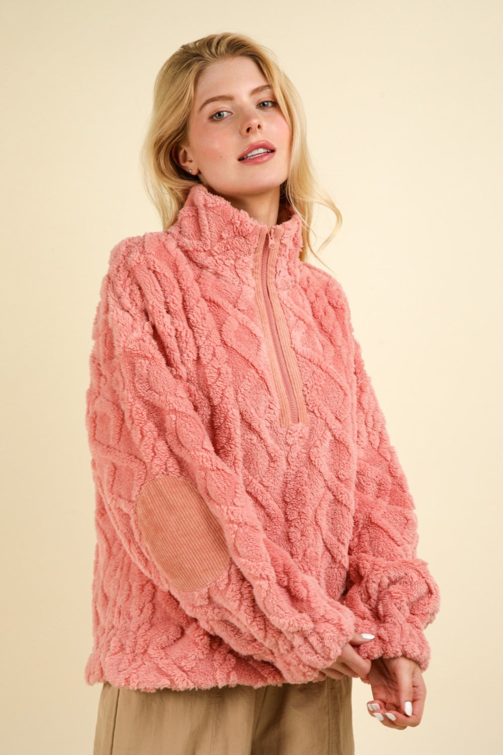 VERY J Women's Cozy Fuzzy Fleece Half Zip Sweatshirt with Cable Pattern & Corduroy Elbow Patches