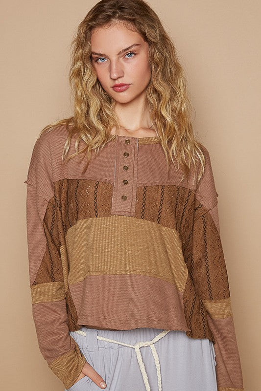 POL Women's Color Block Drop Shoulder Knit Top - Stylish Half Button Design
