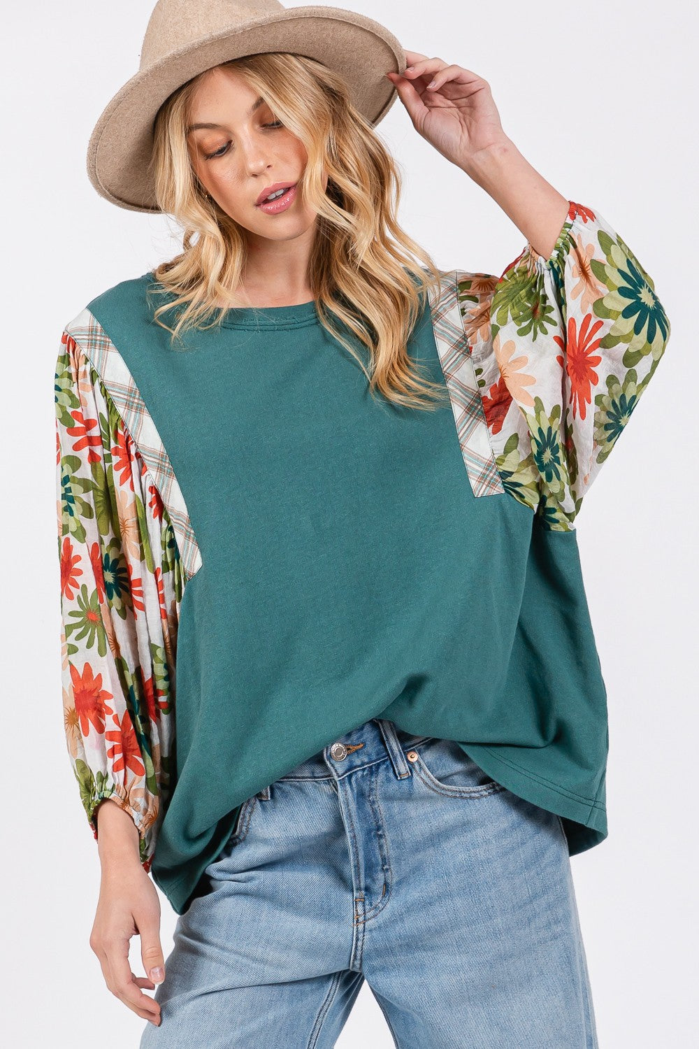 SAGE + FIG Women's Full Size Balloon Sleeve Top with Unique Printed Design