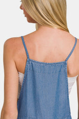 Back view of Zenana washed adjustable strap wide leg denim overalls showcasing the relaxed fit and adjustable straps.