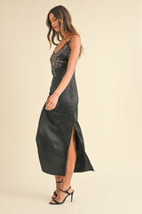 Elegant Mable Embroidered Satin Midi Slit Dress for Special Occasions