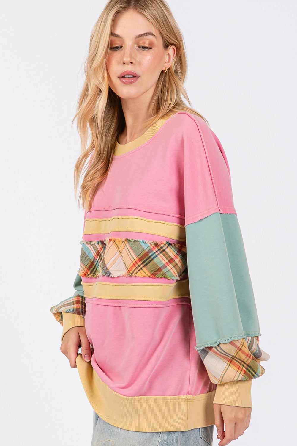 Trendy Mineral Wash Raw Edge Color Block Sweatshirt with Plaid Print