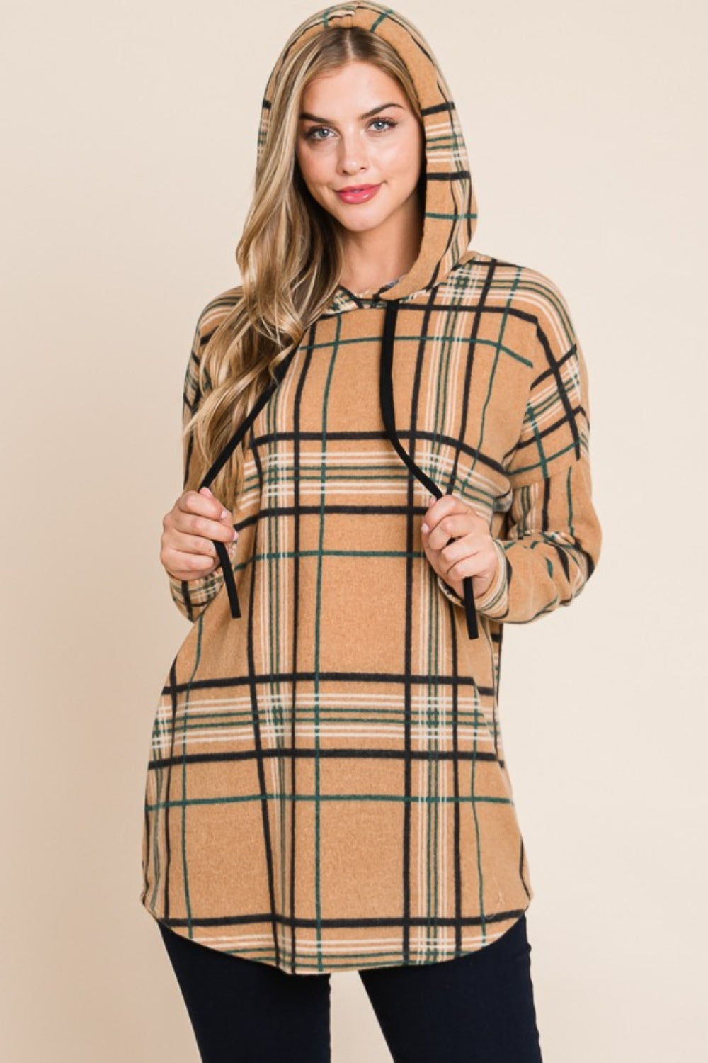 BOMBOM Women's Plaid Drawstring Long Sleeve Hoodie - Cozy & Stylish