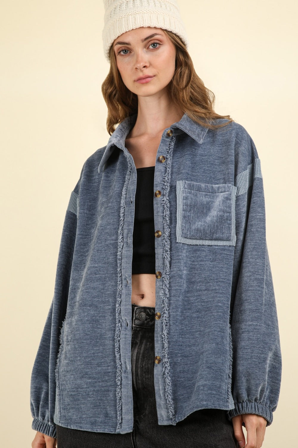 VERY J Women's Mixed Media Raw Hem Shacket - Stylish Oversized Button Down Jacket