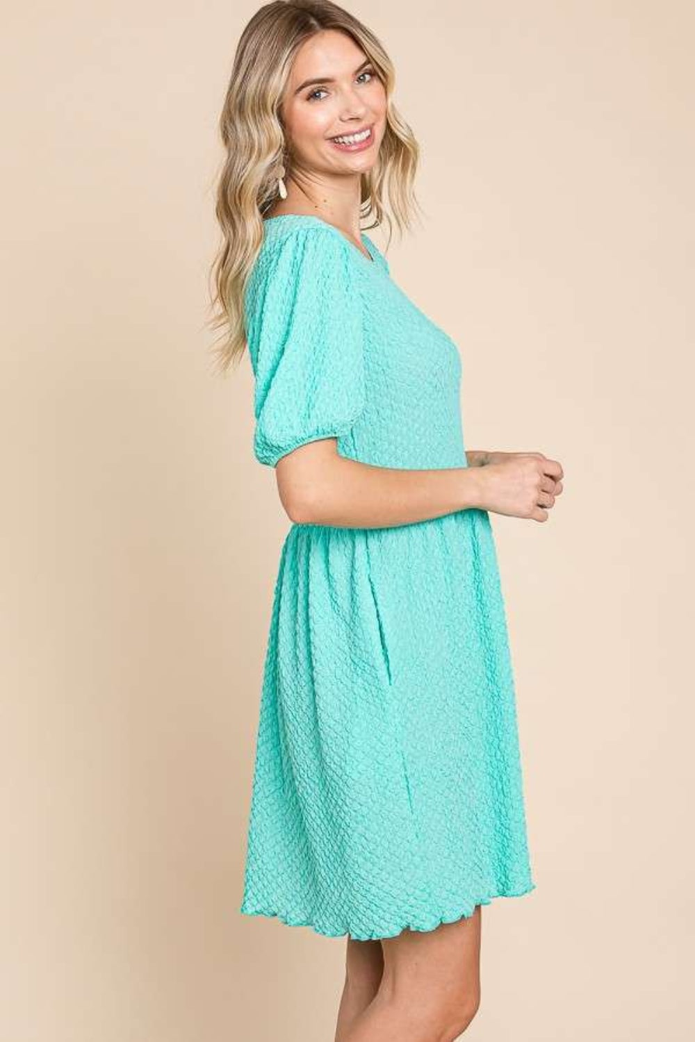 Culture Code Textured Round Neck Puff Sleeve Dress with Pockets