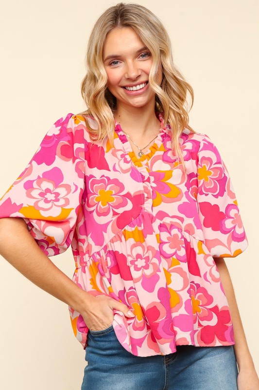 Haptics Floral Frill Puff Sleeve Blouse | Elegant Women's Top