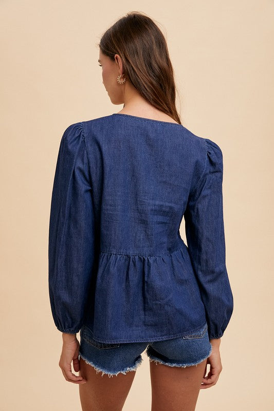 Annie Wear Women's Tie Front Peplum Long Sleeve Denim Top