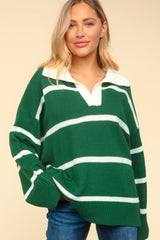 Haptics Women's Collared Neck Striped Contrast Sweater - Stylish & Versatile