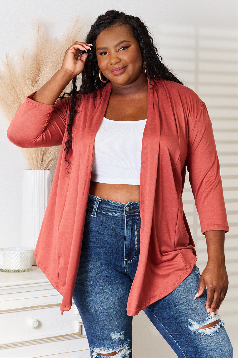 Culture Code Elegant Open Front Cardigan with Draped 3/4 Sleeves