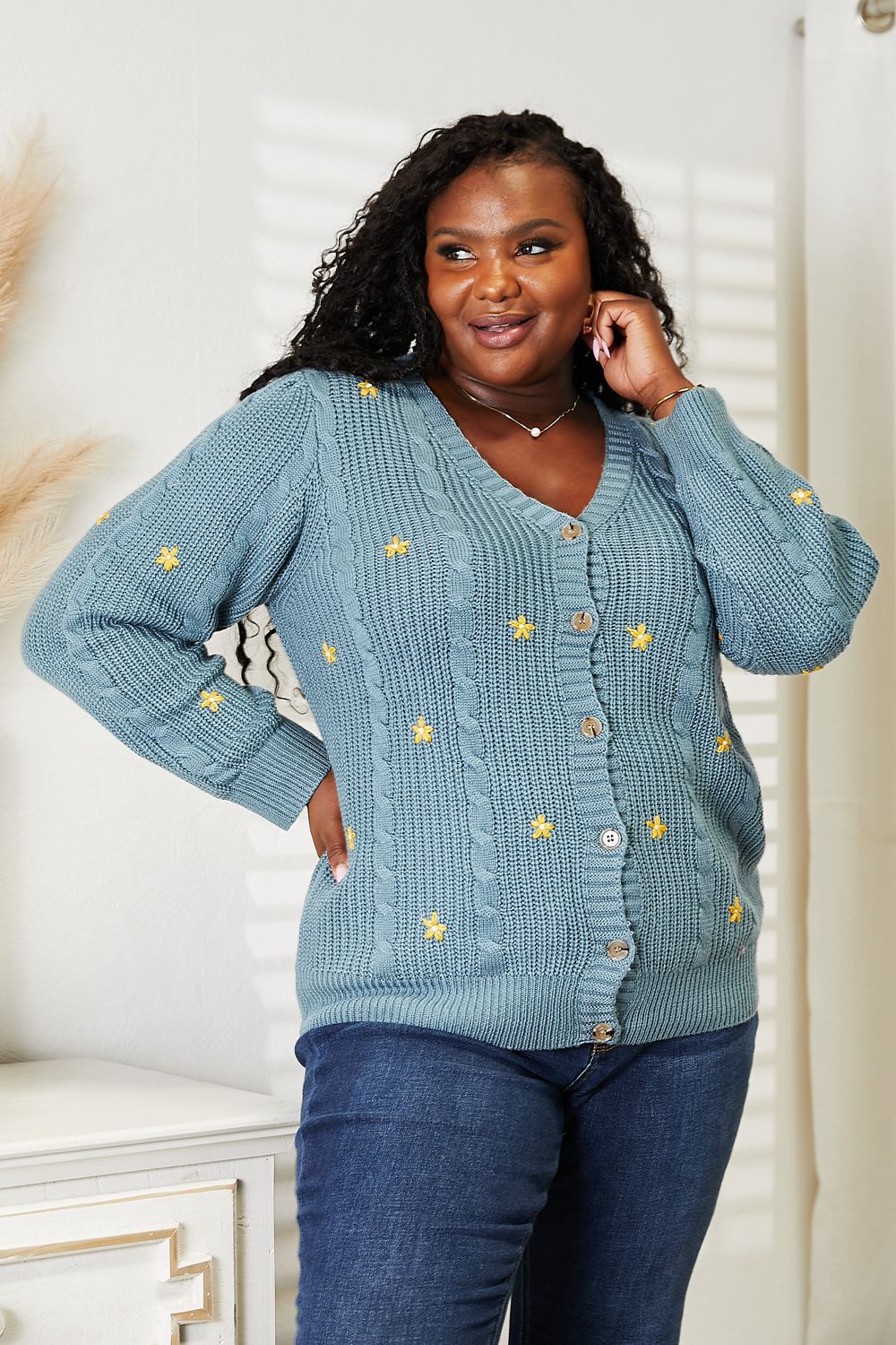 HEYSON Full Size Floral Embroidered Cable Knit Cardigan - Cozy & Elegant