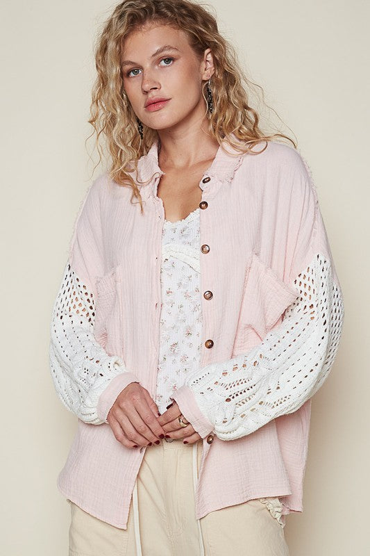 Stylish Openwork Lantern Sleeve Button Down Gauze Cotton Shirt