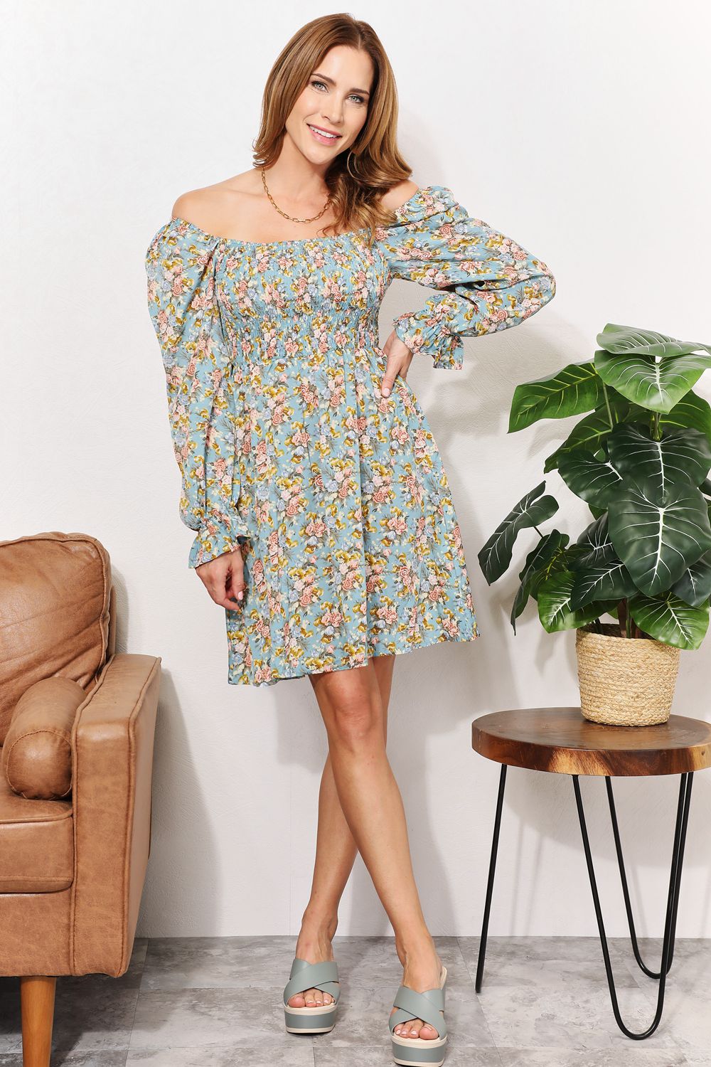 Chic Floral Smocked Mini Dress with Flounce Sleeves and Square Neckline