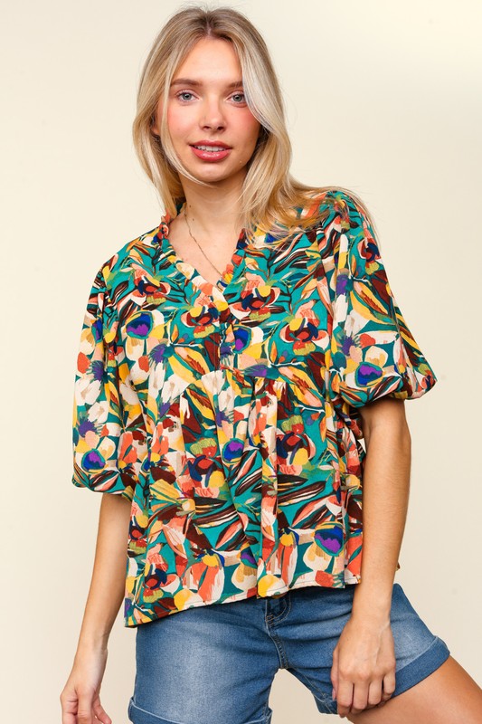 Haptics Full Size Frill Floral Puff Sleeve Peplum Blouse - Elegant & Romantic Women's Top
