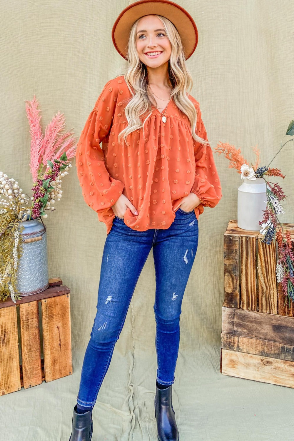 Elegant Swiss Dot V Neck Balloon Sleeve Blouse - Chic Feminine Style