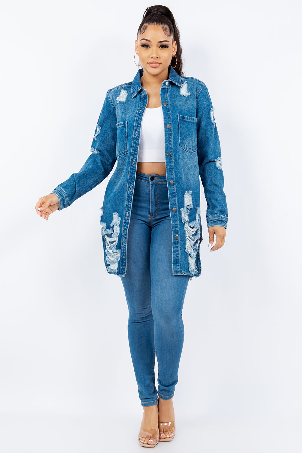 American Bazi Women's Distressed Long Sleeve Denim Jacket - Trendy Button-Up
