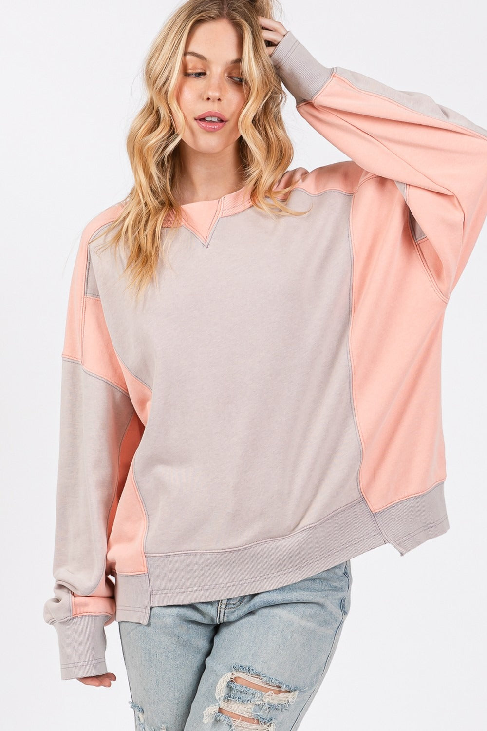 SAGE + FIG Women's Color Block Crew Neck Sweatshirt - Relaxed Fit, 100% Cotton