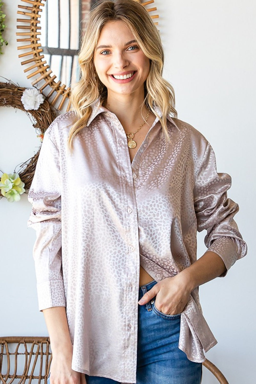 Elegant Full-Size Ditsy Dot Satin Shirt - Chic Button Down with Collared Neckline