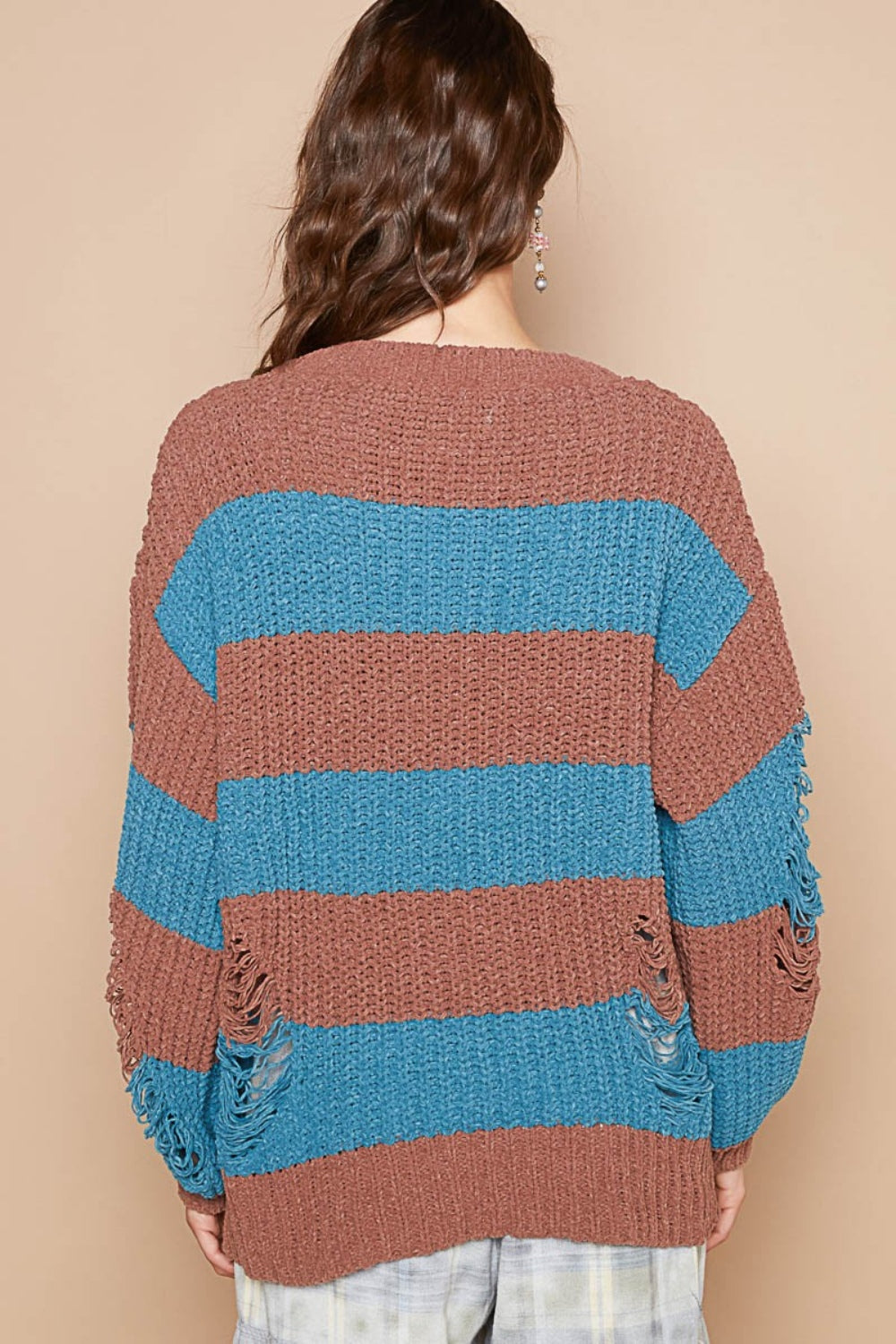 POL Striped Distressed Long Sleeve Chenille Sweater for Women