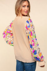 Haptics Floral Sequins Mesh Flounce Sleeve Sweater for Effortless Chic