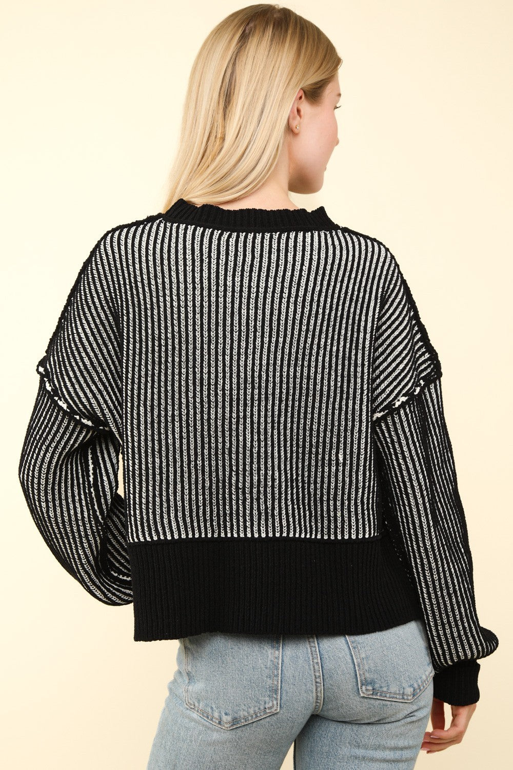 Trendy Two-Tone Striped Slit Crop Sweater with Exposed Seams