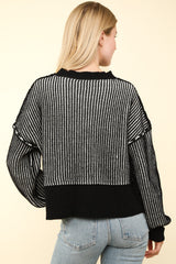 Trendy Two-Tone Striped Slit Crop Sweater with Exposed Seams