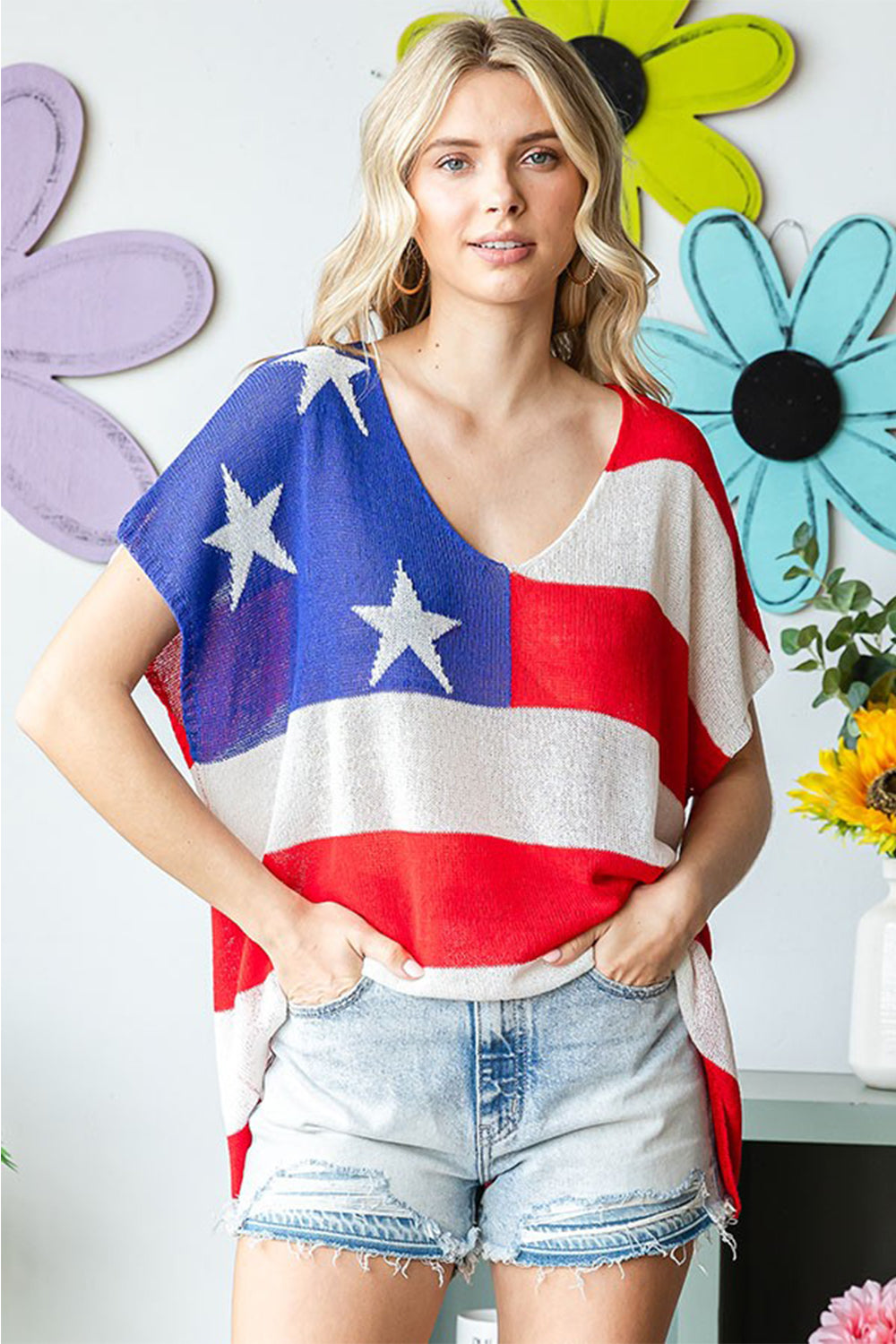 First Love USA Flag Drop Shoulder Knit Top - Patriotic Style